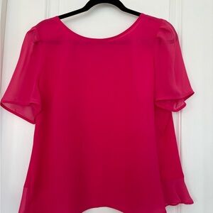 NEW Bisou Bisou Pink Ruffle Chiffon Sheer Blouse Round Neck Short Sleeve L